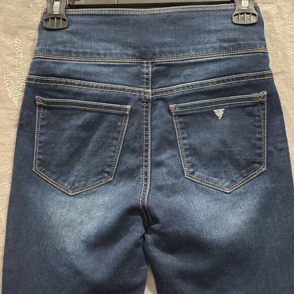 Guess High Rise Skinny Jeans Women Size 14 Triple Button Rhinestone Logo Glam - Picture 4 of 9